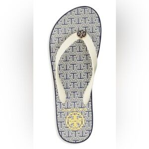 Tory Burch Thandie Logo wedge Navy and Cream Flip Flops